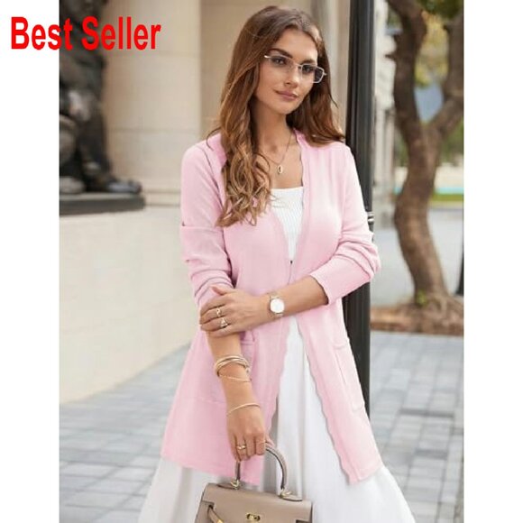 Long Lightweight Cardigan Knit Blazer Open Front Sweater Chic Minimal - Picture 4 of 8